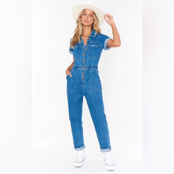 Show Me Your MuMu Blue Denim Cannon Jumpsuit Size Large - Picture 1 of 8